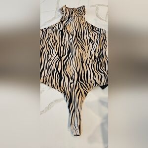 Women's Zebra Print High-Neck Sleeveless Bodysuit - Beige/Black